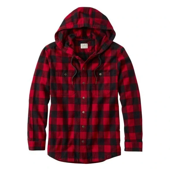 L.L. Bean Men's Scotch Plaid Flannel Hooded Shirt Tartan Red Large Tall H13844 - Picture 1 of 10